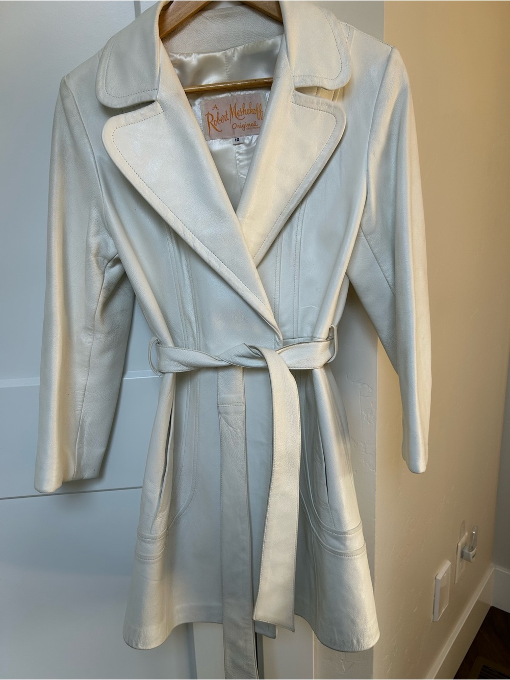 Vintage Robert Meshekoff White Leather Belted Trench Coat